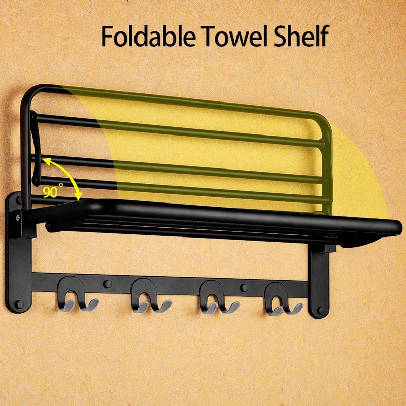 HOONEX Foldable Towel Rack for Bathroom Wall Mounted, with Towel Hooks and Adjustable Towel Bar, 304 Stainless Towel Holder, 24-Inch Bathroom Towel Shelf, Black - Image 3